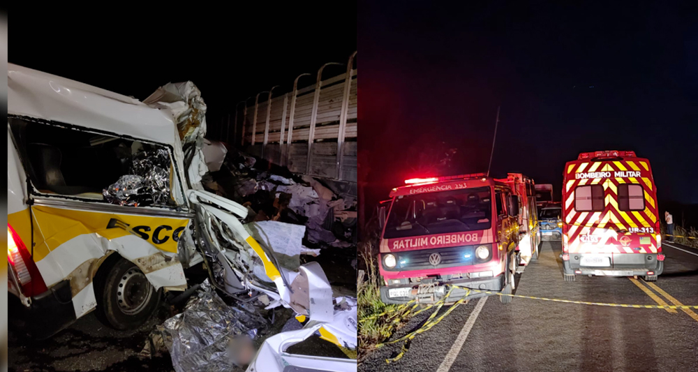 Equipes de resgate atuam em acidente envolvendo van escolar e carreta na GO-518, em Goiás, que deixou cinco estudantes mortos.